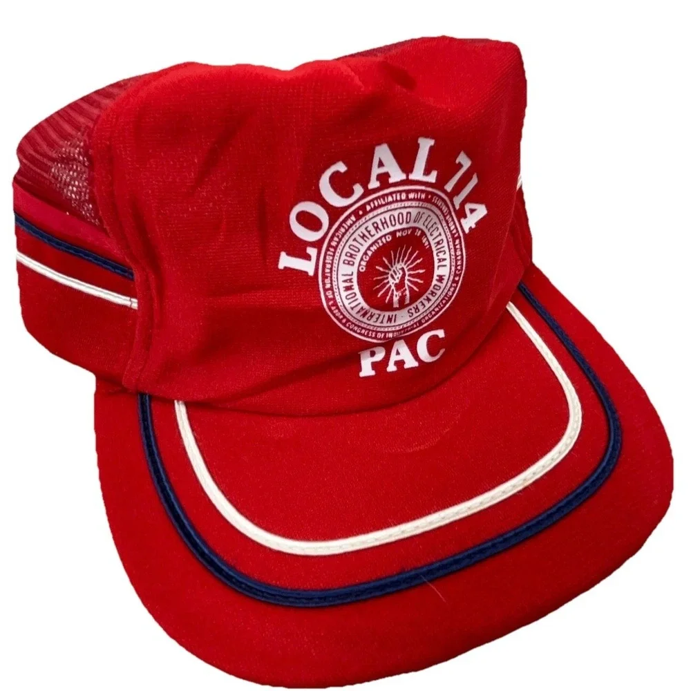 Vintage Trucker Hat Cap Snap Back Red White Blue Side Stripe USA 80s 90s‎ IBEW